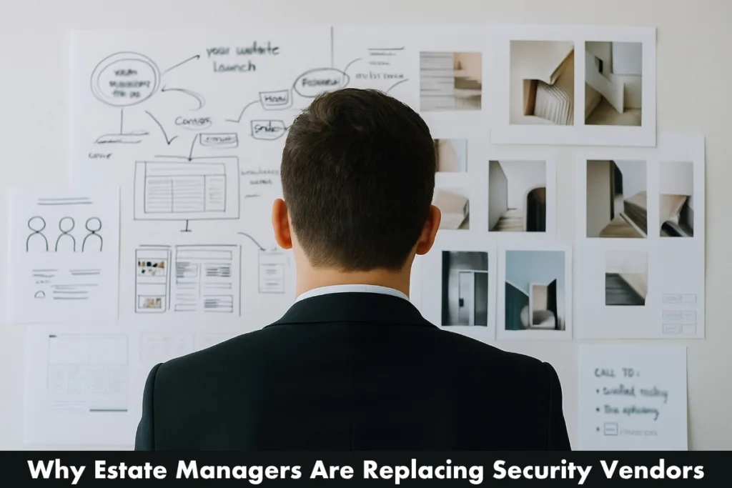 Estate manager reviewing security plans on a wall — why estate managers are replacing security vendors — HK Defense Solutions, Florida.