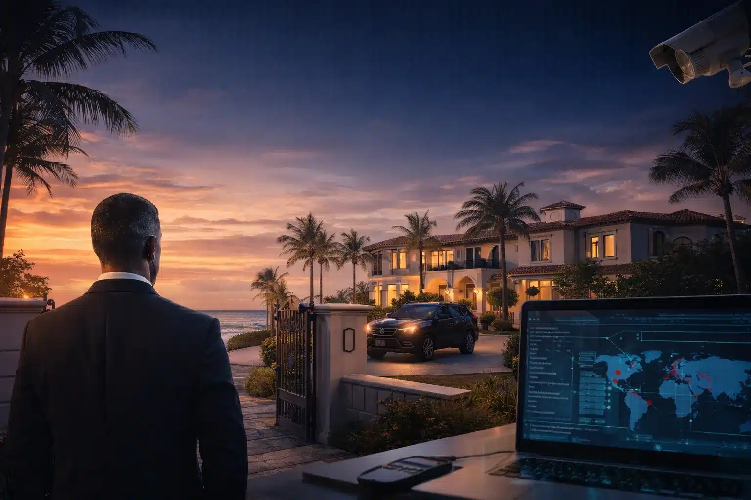 Security professional overlooking a luxury oceanfront Palm Beach estate at sunset, with gated entry, surveillance camera, and laptop displaying cybersecurity monitoring dashboard.