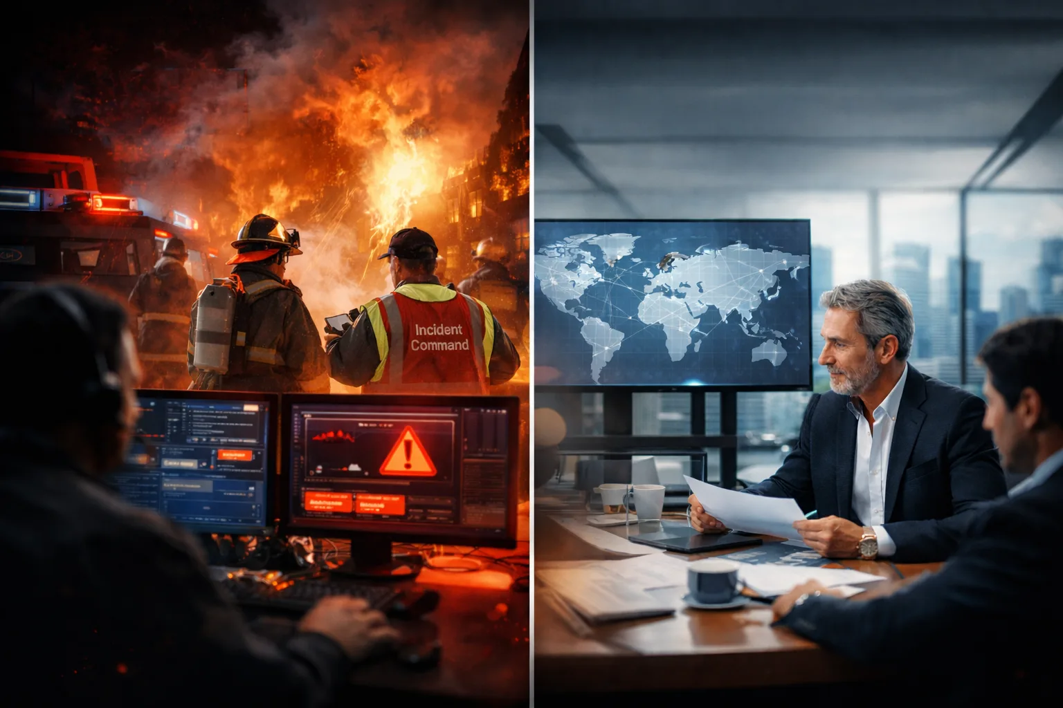 Split-screen image showing an active emergency incident with fire and responders on one side, contrasted with executives reviewing strategy in a modern boardroom on the other, symbolizing response versus continuity.