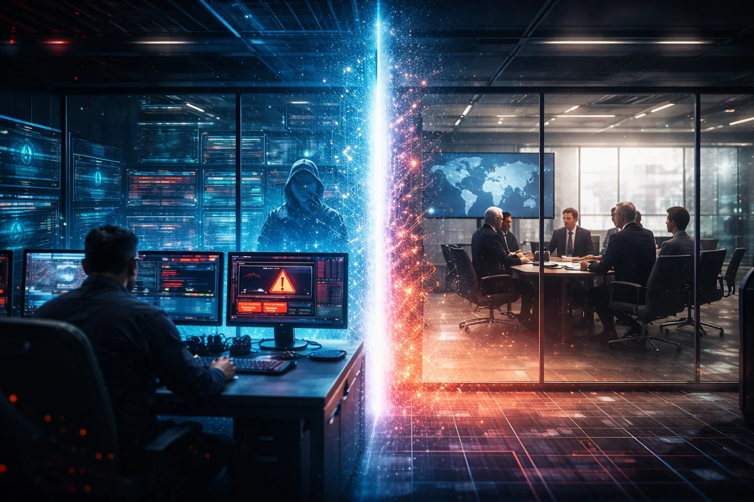 Security Operations Center with threat monitoring screens separated from a corporate boardroom, illustrating the gap between SOC intelligence and executive leadership.