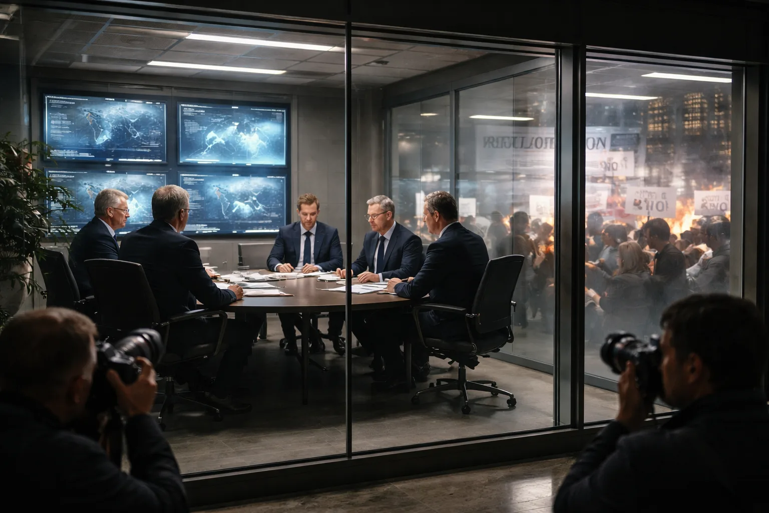 Executives meeting inside a glass-walled boardroom at night while photographers and protesters gather outside, highlighting the tension between leadership visibility and external pressure.