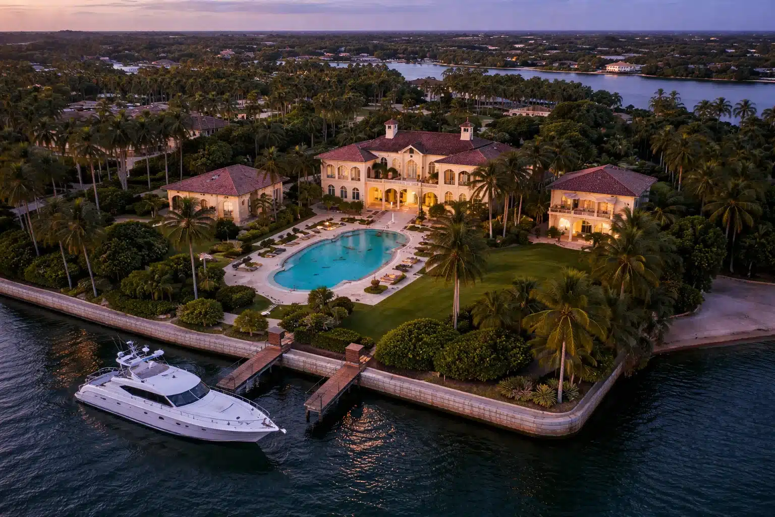 Twilight view of a large luxury estate with perimeter lighting, gated access, and multiple structures, reflecting a secure complex residence.