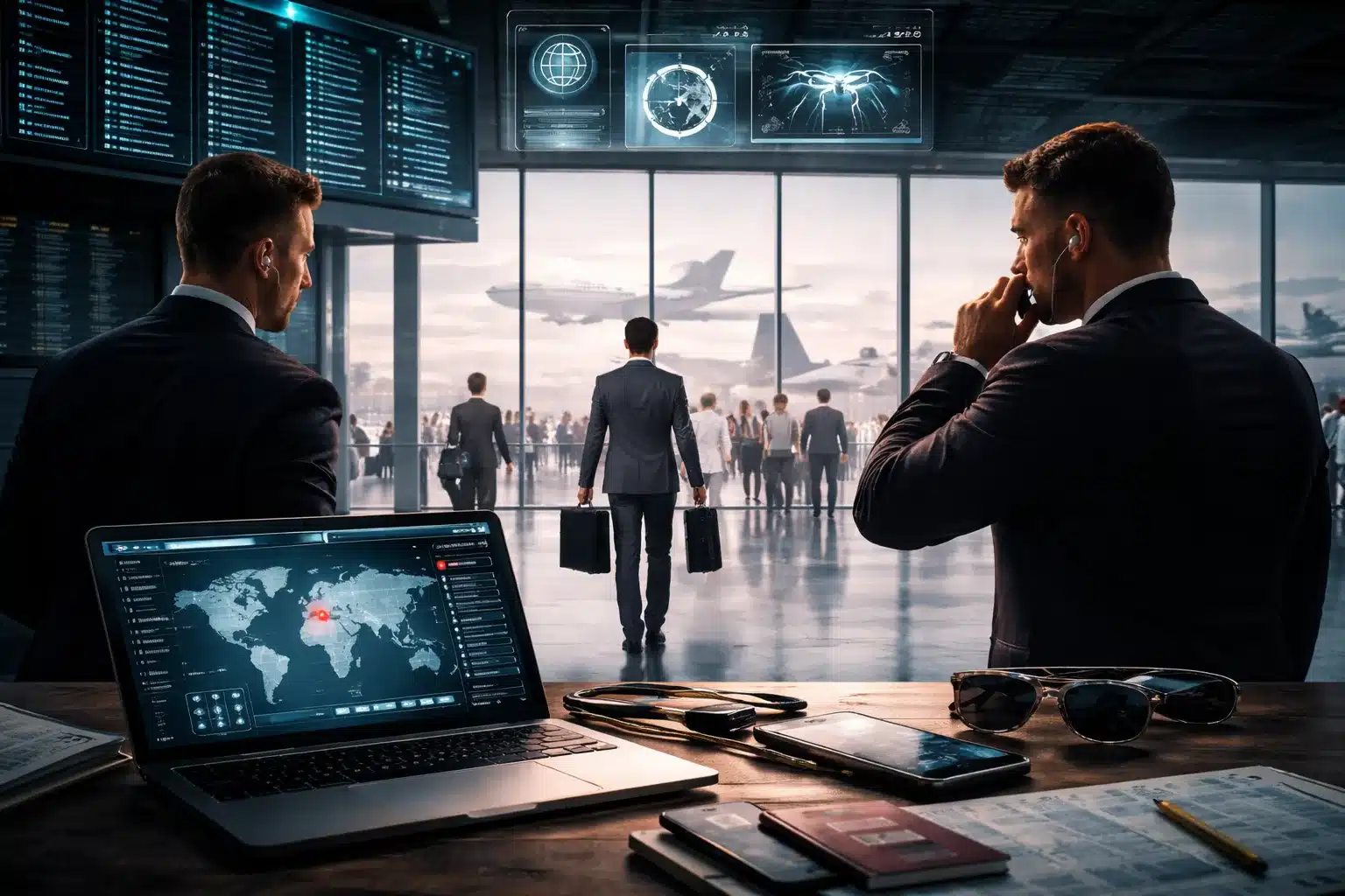 Executive travel risk management team monitors an executive’s movement at an international airport using integrated cyber and physical security systems.