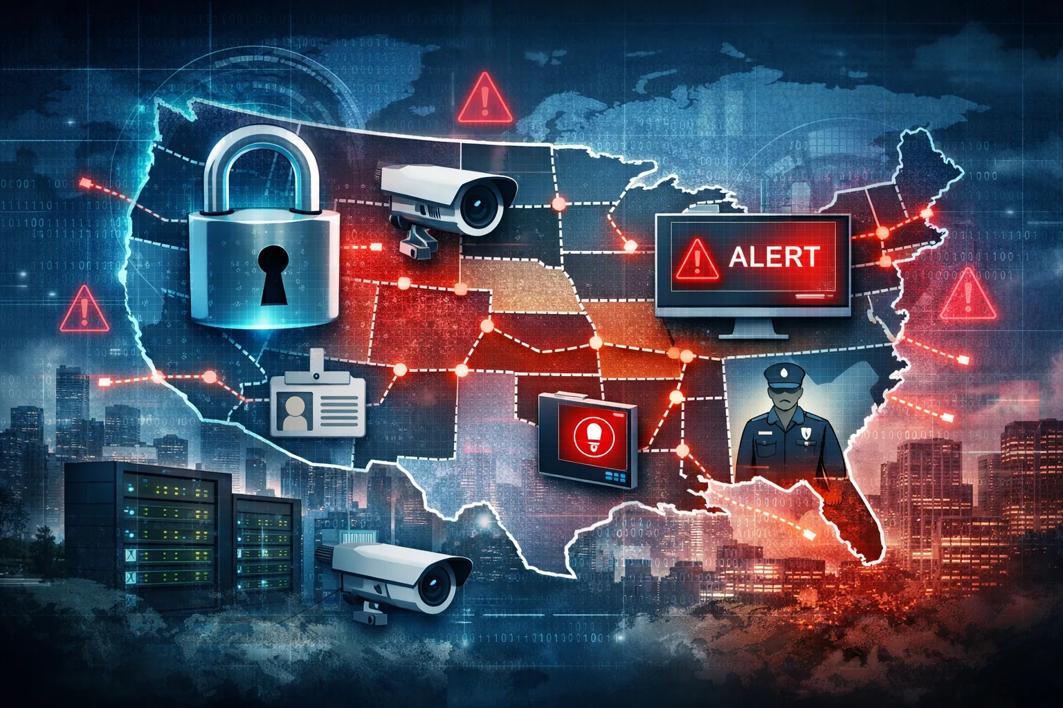 Illustration showing fragmented multi-state corporate security across the U.S., with disconnected access control systems, surveillance cameras, alerts, and warning icons highlighting governance gaps between regions.