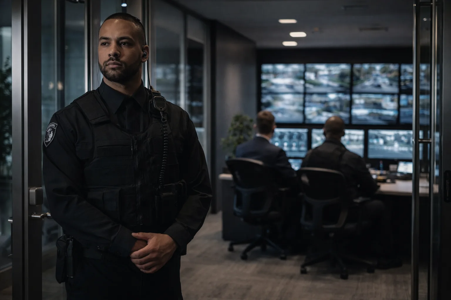 Private security professional monitoring access outside a security operations center with live surveillance feeds.
