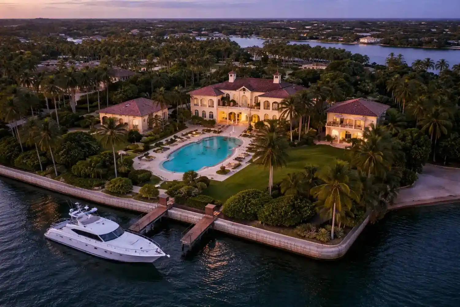 Luxury estate at twilight with gated access, perimeter lighting, and secure compound layout