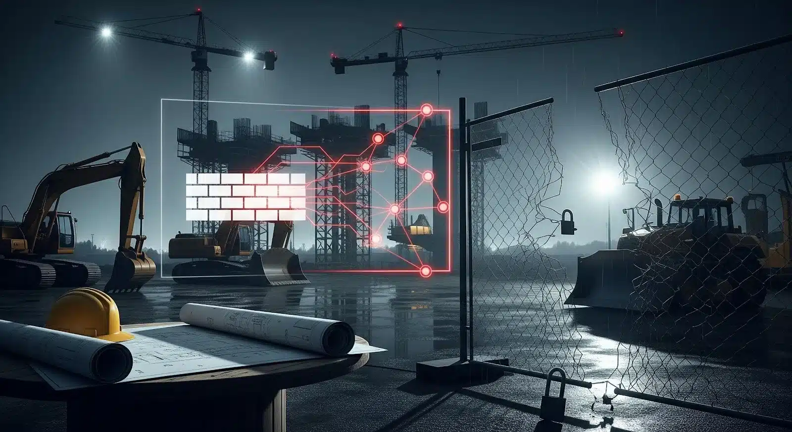 Nighttime construction site with cranes, excavator, and fencing overlaid by a digital red network security interface, symbolizing cybersecurity and physical security risks in infrastructure development.