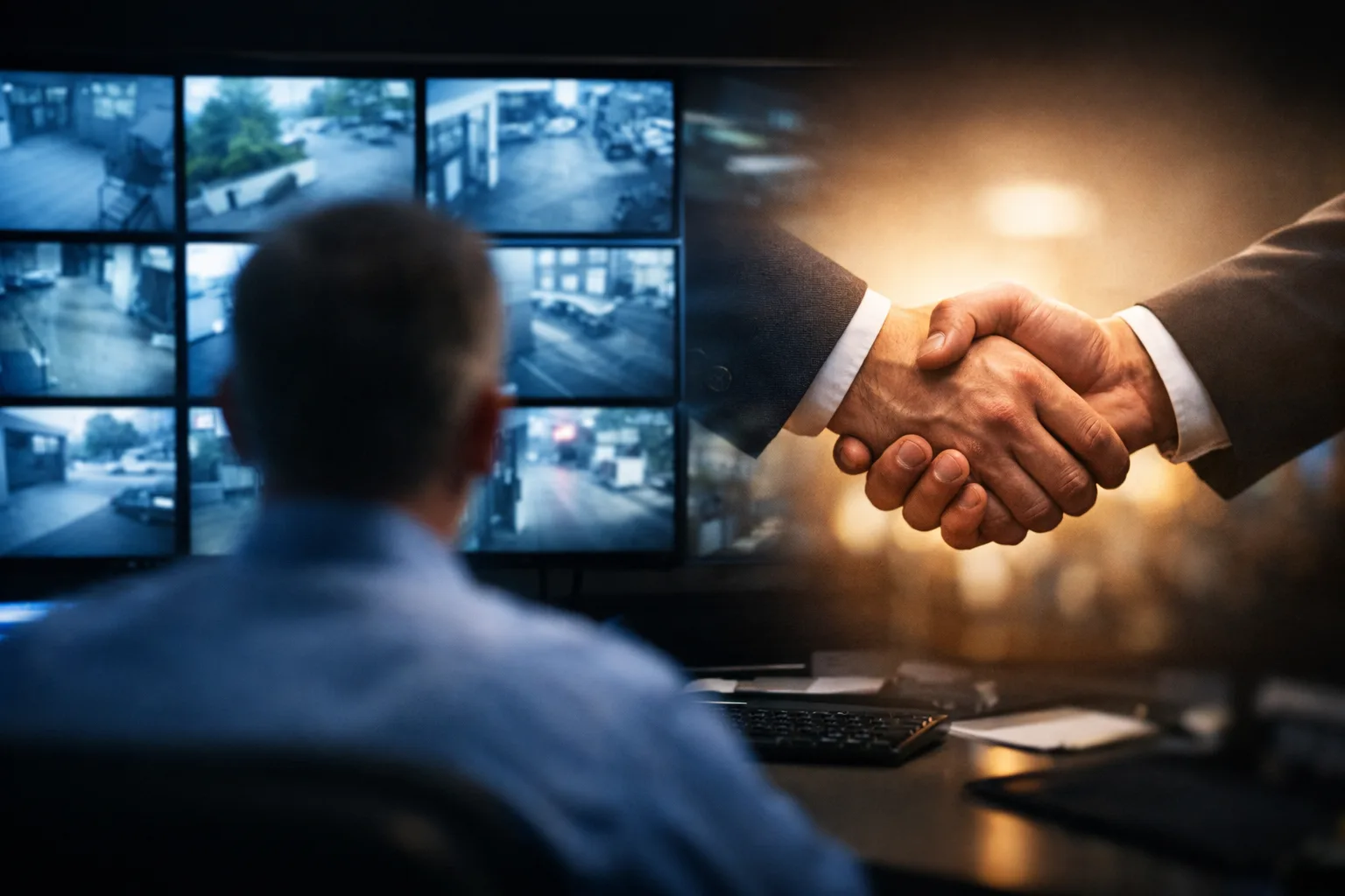 Security operator monitoring multiple surveillance screens in a control room, with a business handshake overlaid to represent trust alongside operational oversight.