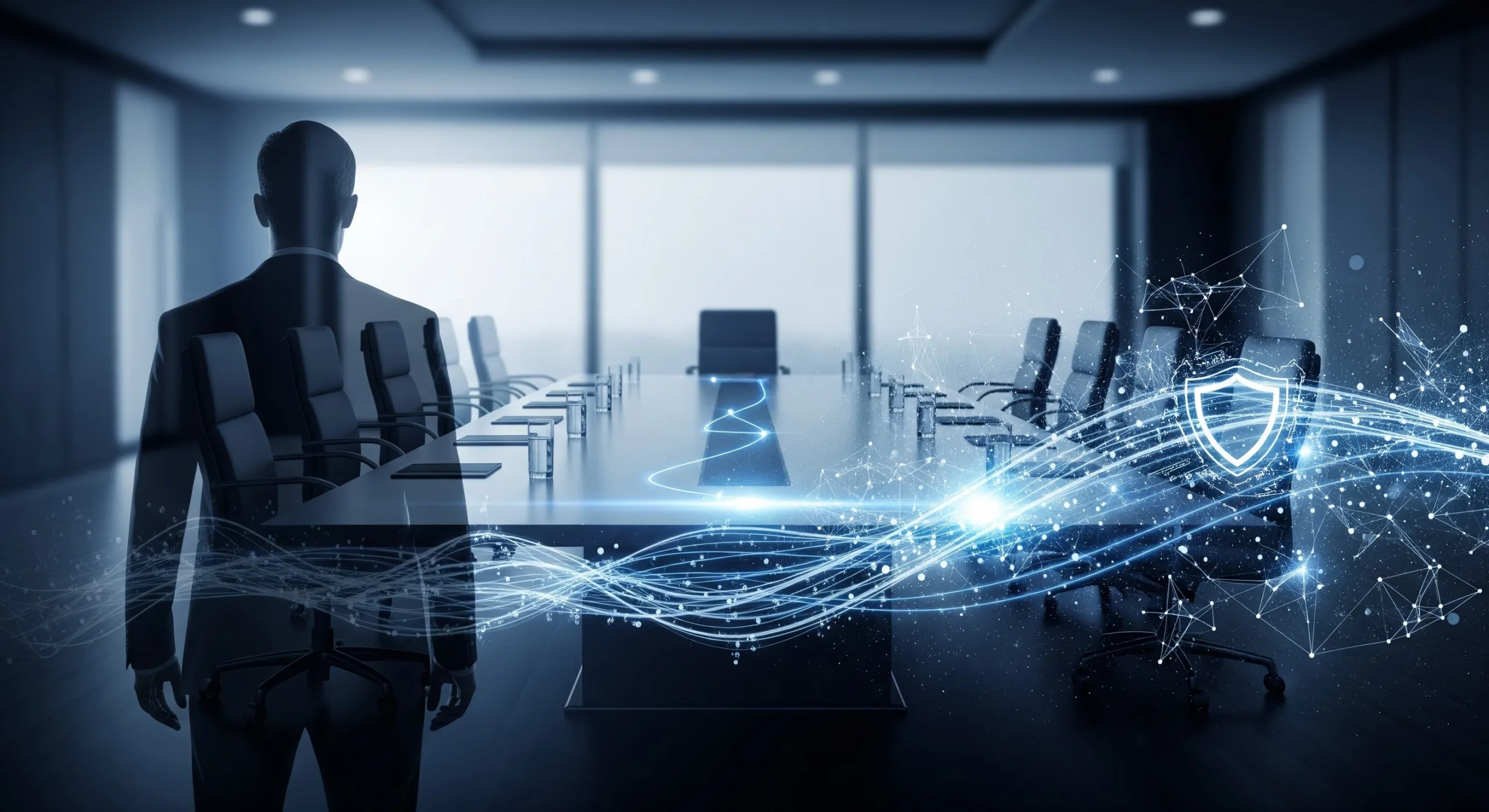 Boardroom scene illustrating board member executive protection, fiduciary duty, and integrated cyber and physical security risk.