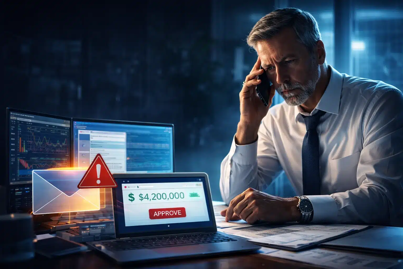 CFO reviewing a suspicious $4.2 million wire transfer request on a laptop while verifying the request by phone in a late-night office setting, illustrating a business email compromise fraud attempt.