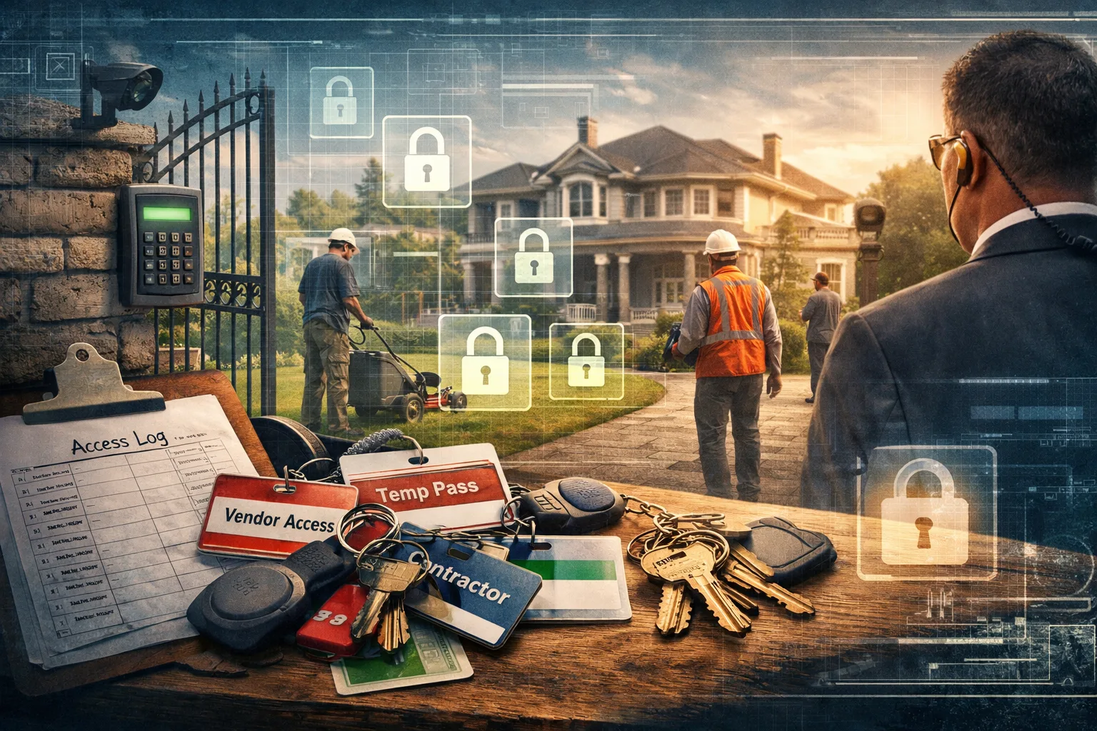 Security guard monitoring access at the gate of a luxury private estate while contractors and service staff enter, illustrating accumulated access credentials and layered security controls in residential environments.