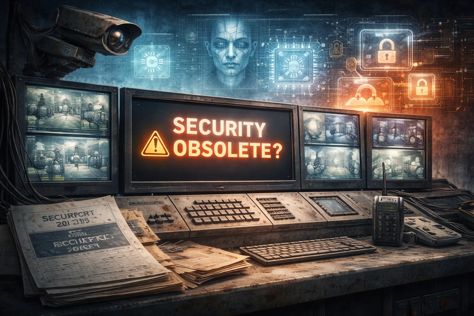 Outdated security control room with old surveillance monitors and equipment contrasted with modern digital threat icons, illustrating how security systems become obsolete as threats evolve.