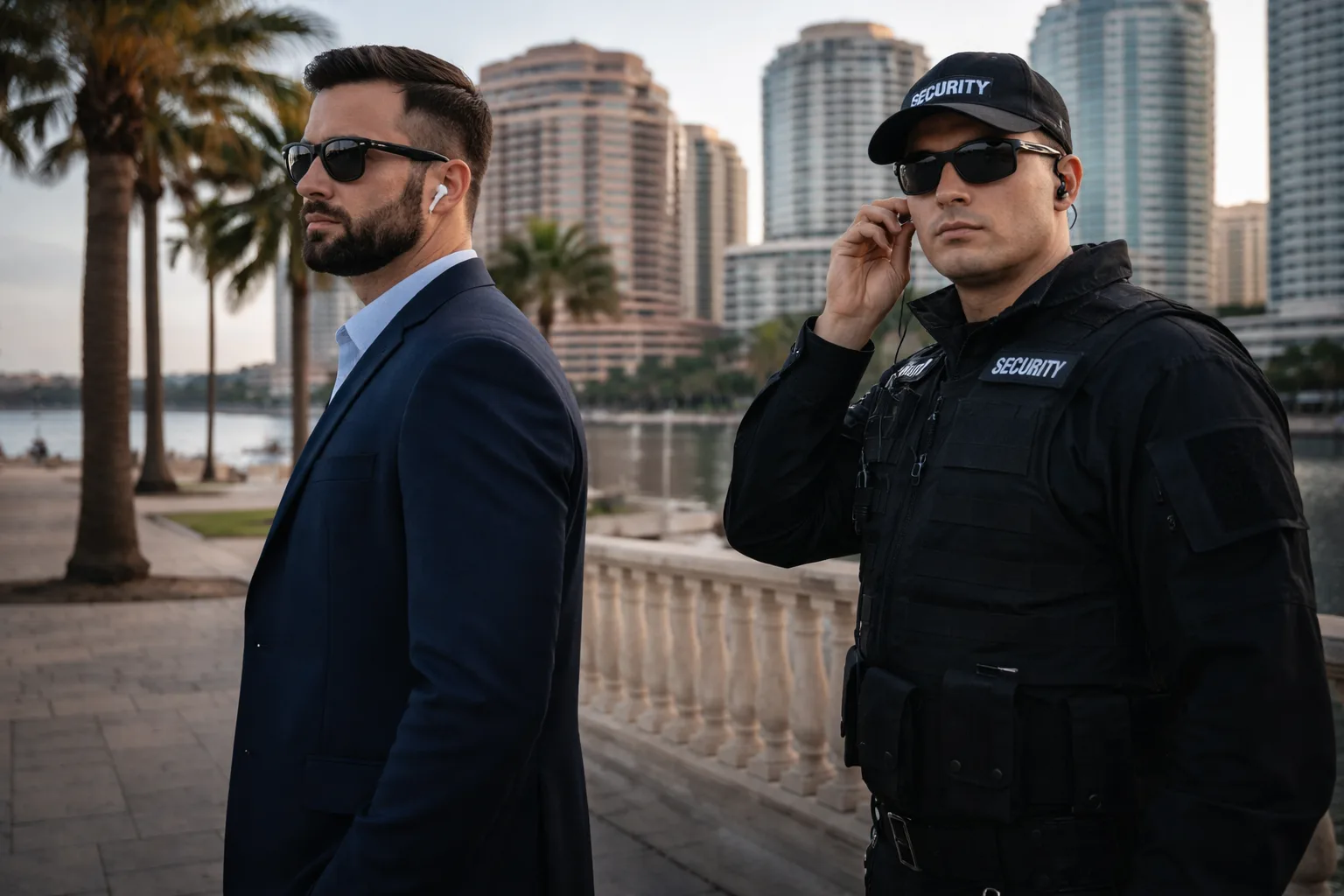 Executive protection agents monitoring a waterfront area in West Palm Beach, with palm trees and luxury high-rise buildings in the background, illustrating private security and executive safety.
