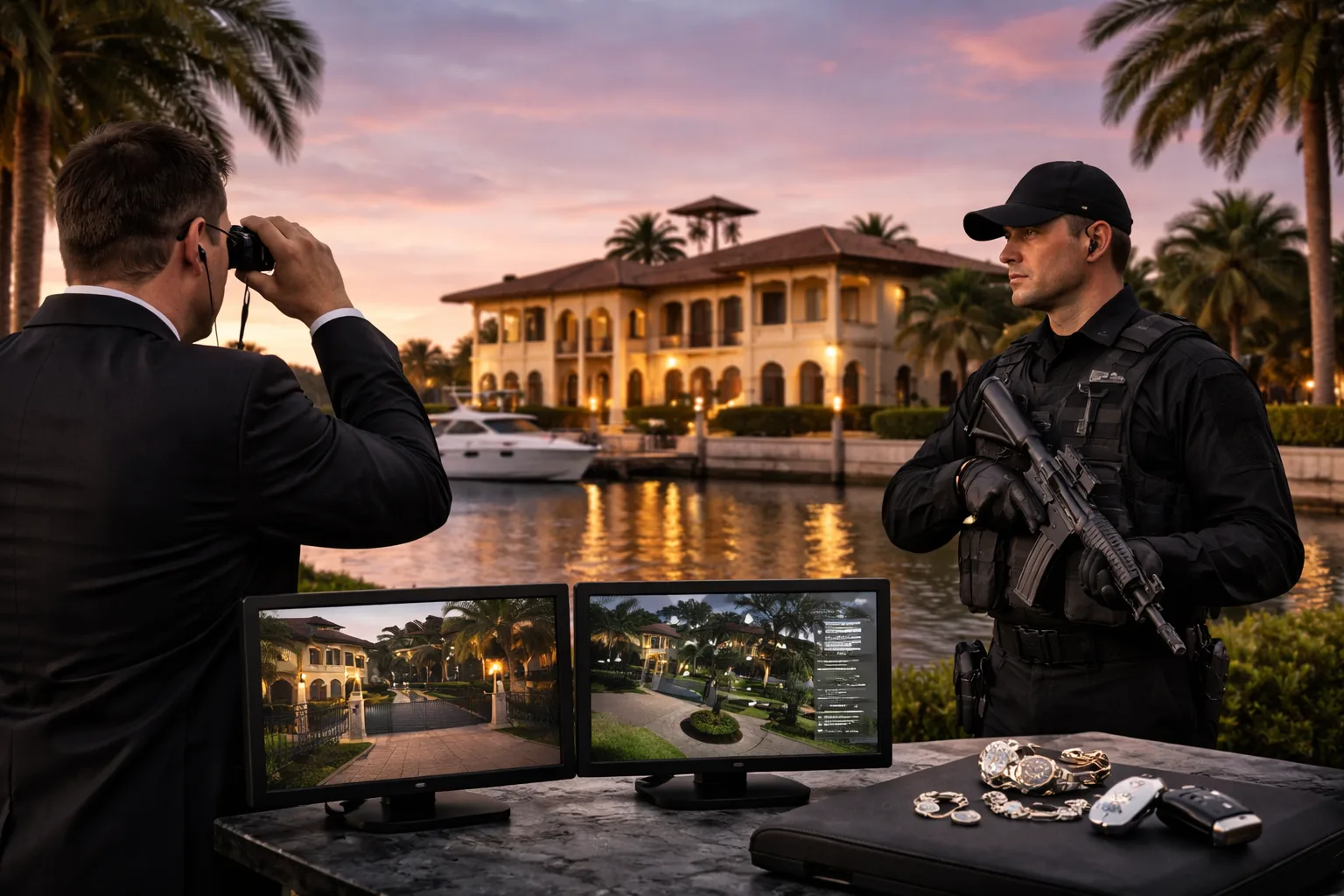 Professional security personnel monitoring a luxury waterfront estate at dusk, with a well-lit mansion, palm trees, and surveillance screens in a calm, upscale residential setting.