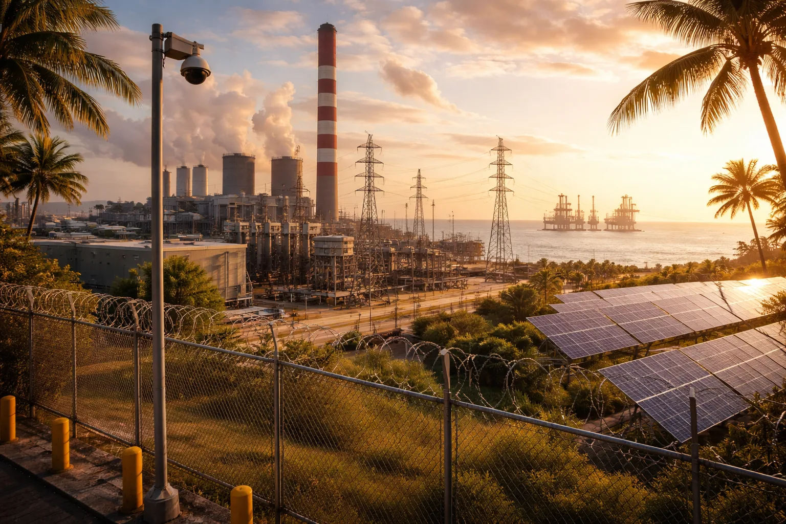 Power plant and electrical substation near the coast at sunset, with solar panels, transmission lines, and a security fence in the foreground.
