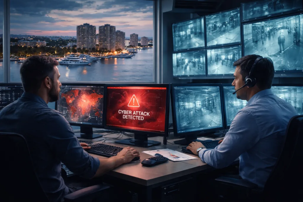 Cybersecurity operations center overlooking Palm Beach waterfront, with two analysts monitoring cyber attack alerts and live surveillance feeds on multiple screens.