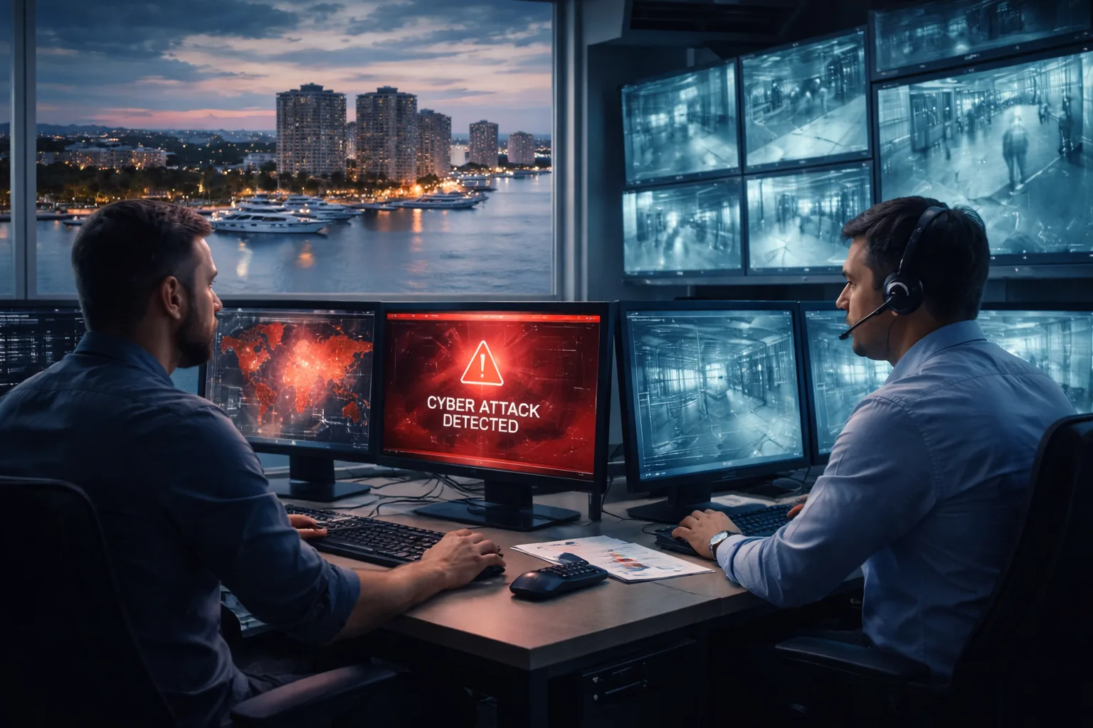 Cybersecurity operations center overlooking Palm Beach waterfront, with two analysts monitoring cyber attack alerts and live surveillance feeds on multiple screens.