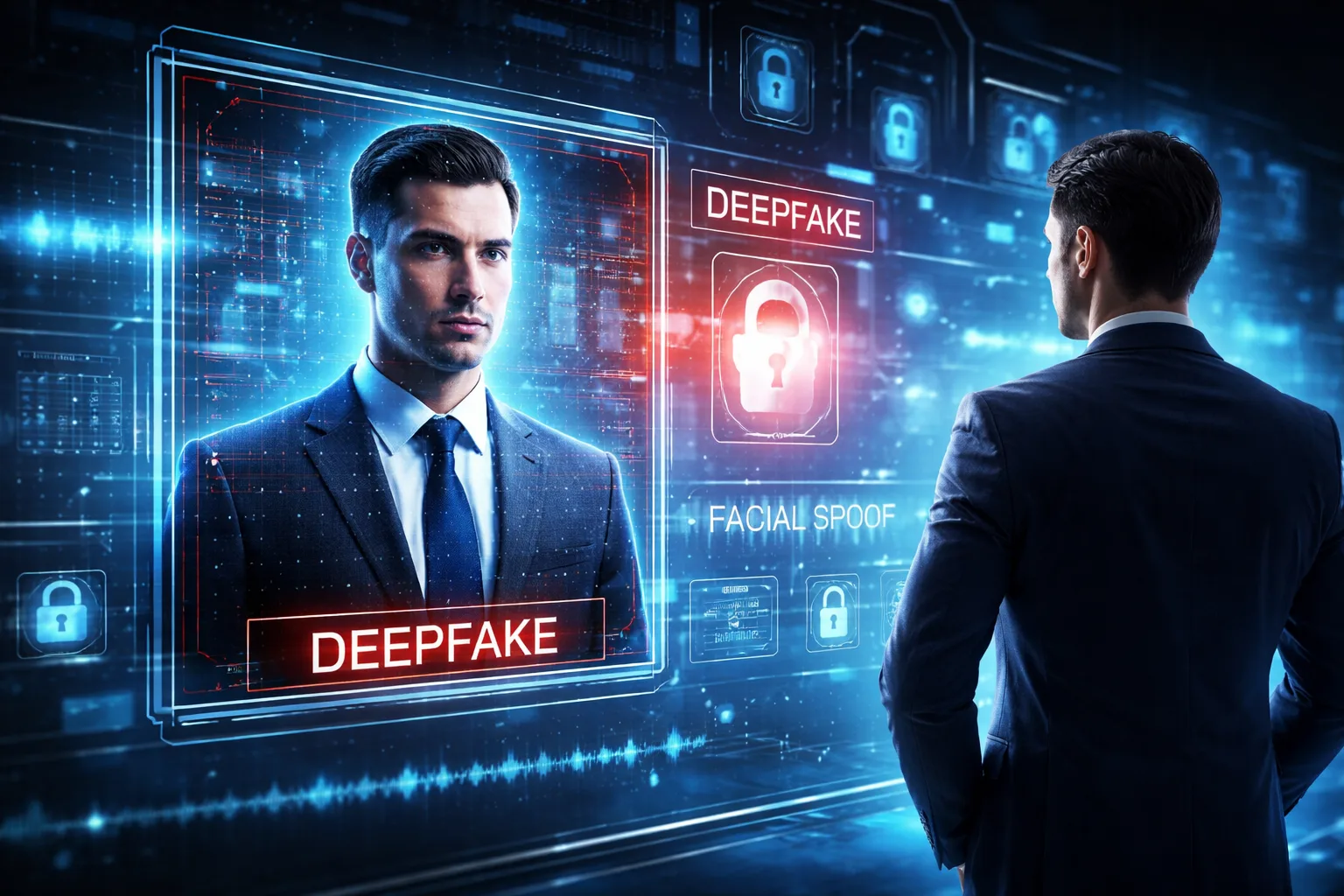 Business professional examining a digital interface showing a deepfake clone of his face, representing voice cloning and synthetic impersonation threats in modern cybersecurity.