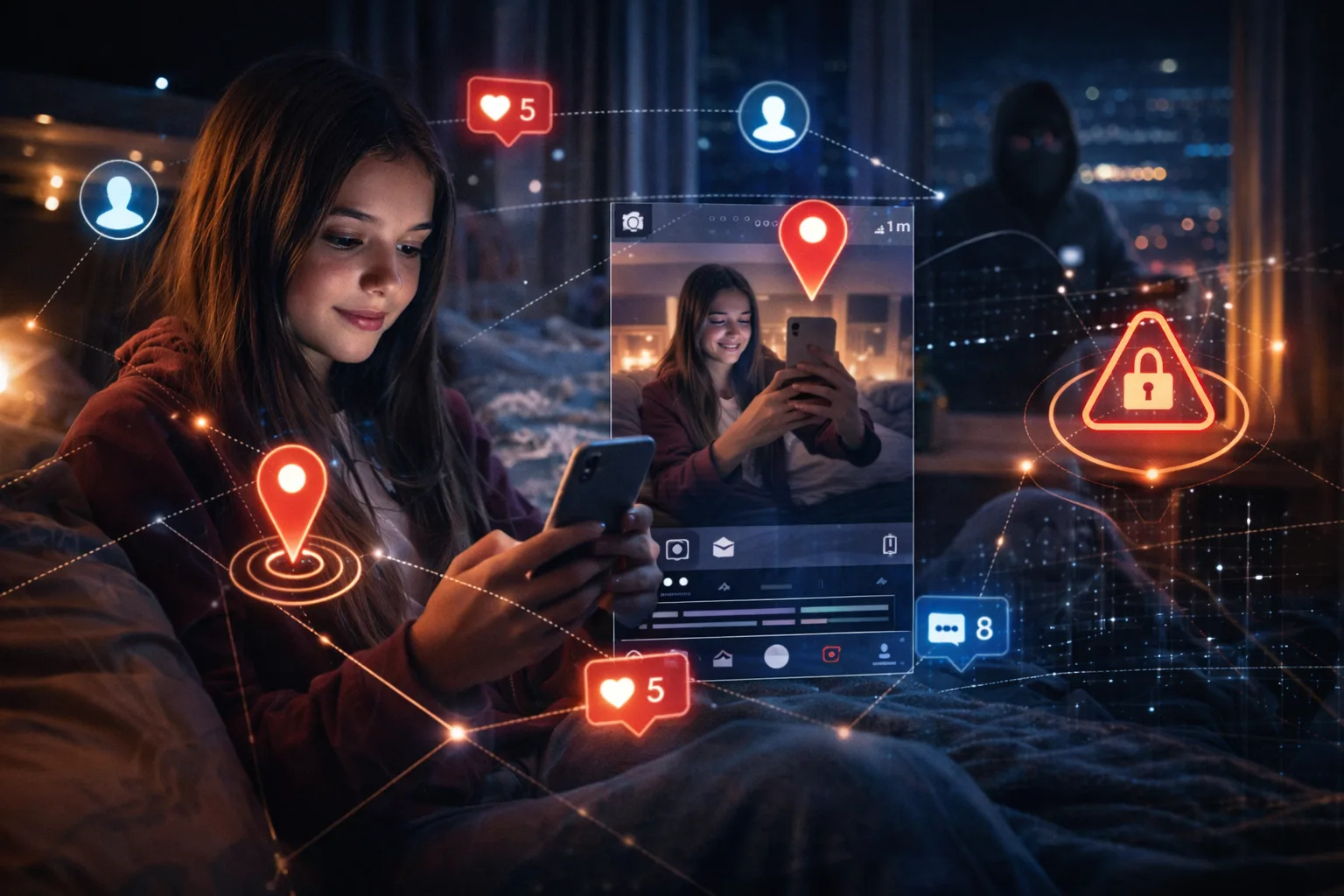 Illustration of children social media security risks showing a teen using a smartphone while location and social media data are exposed.