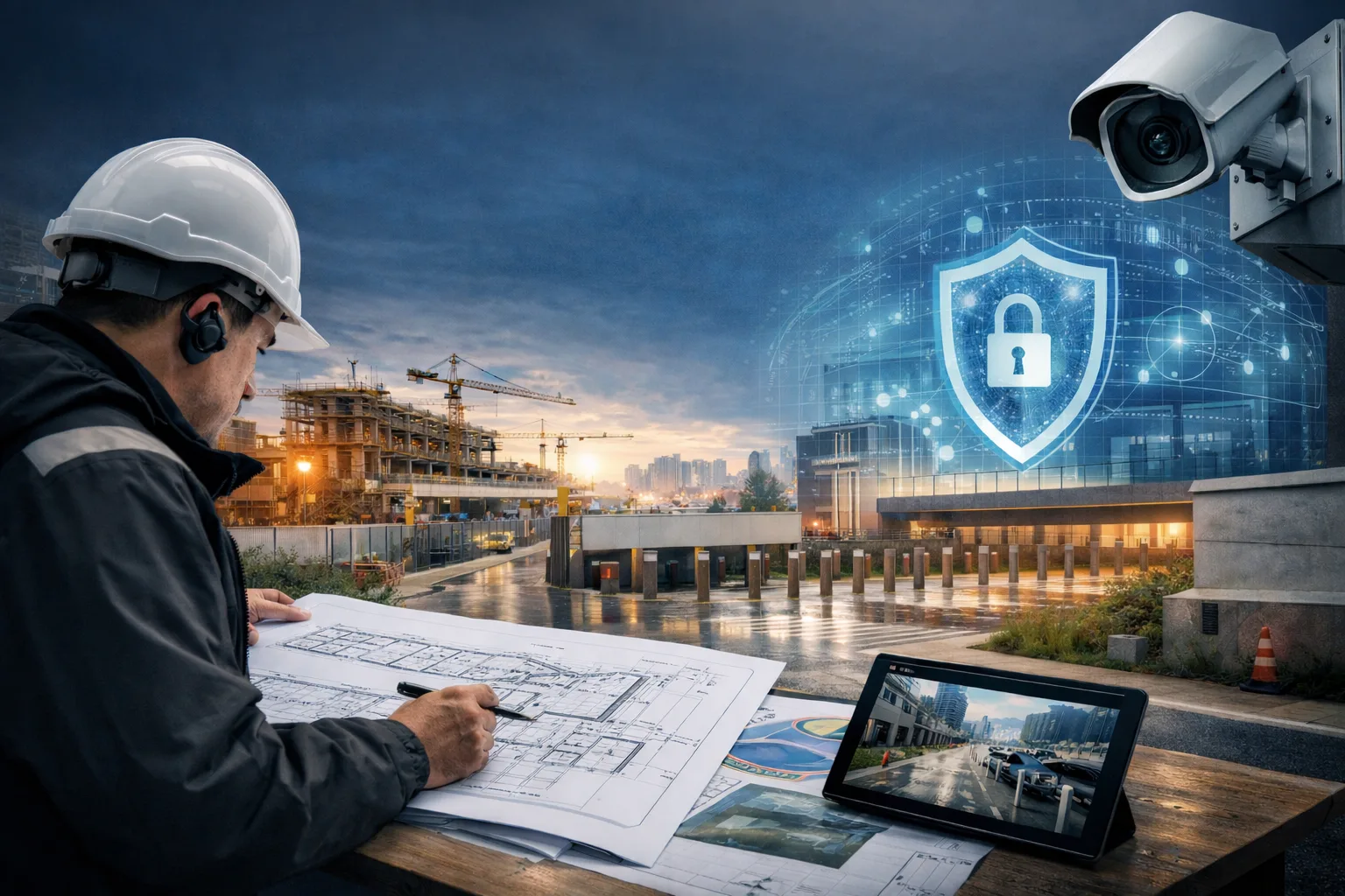 Security professional reviewing architectural blueprints at a large construction site with visible surveillance camera and digital shield overlay, representing early-stage infrastructure security planning.