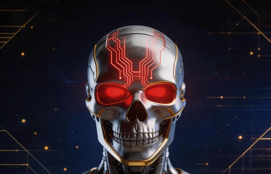 AI robot skull with glowing red eyes symbolizing emerging technology threats