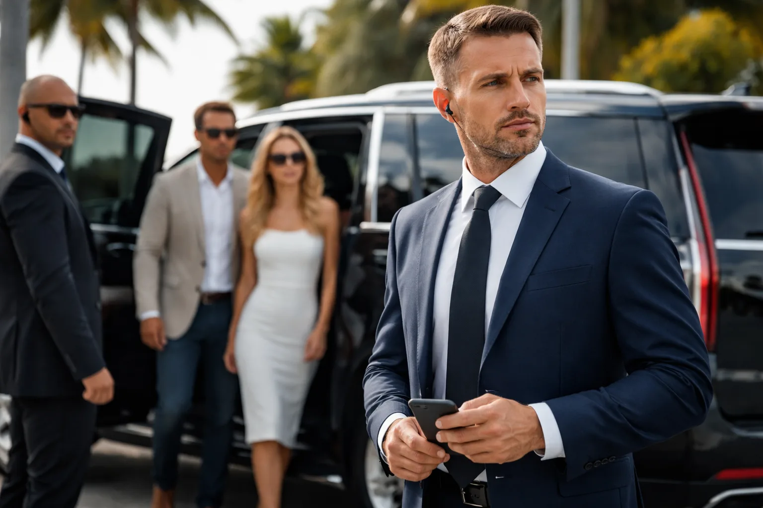 Professional executive protection team escorting a well-dressed couple from a black SUV in a tropical setting, with security personnel scanning the surroundings discreetly.