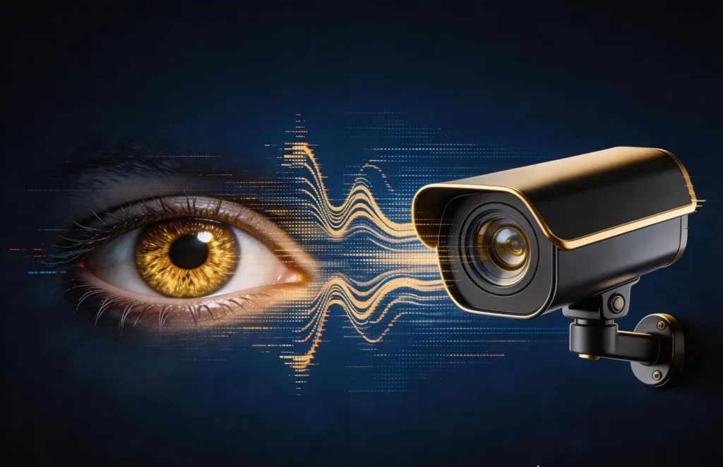 Close-up eye and CCTV graphic for counter-surveillance security services