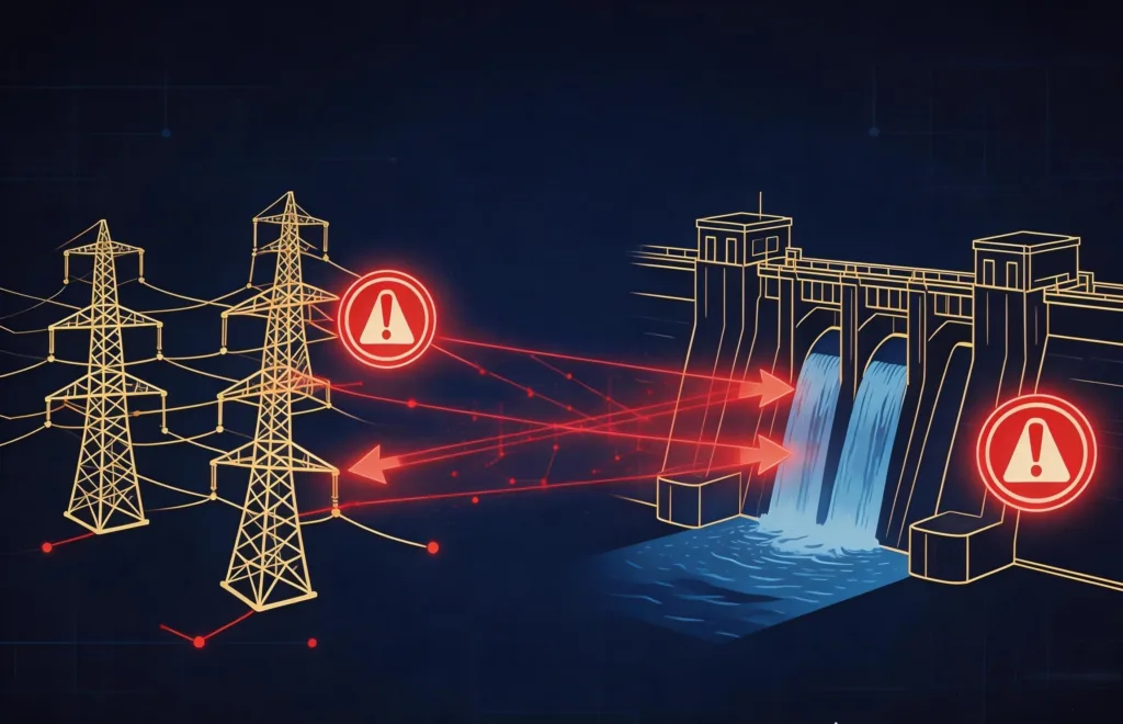 Critical infrastructure diagram with power lines and dam for threat monitoring services