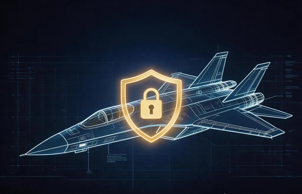 Digital fighter jet blueprint with shield icon for defense security services