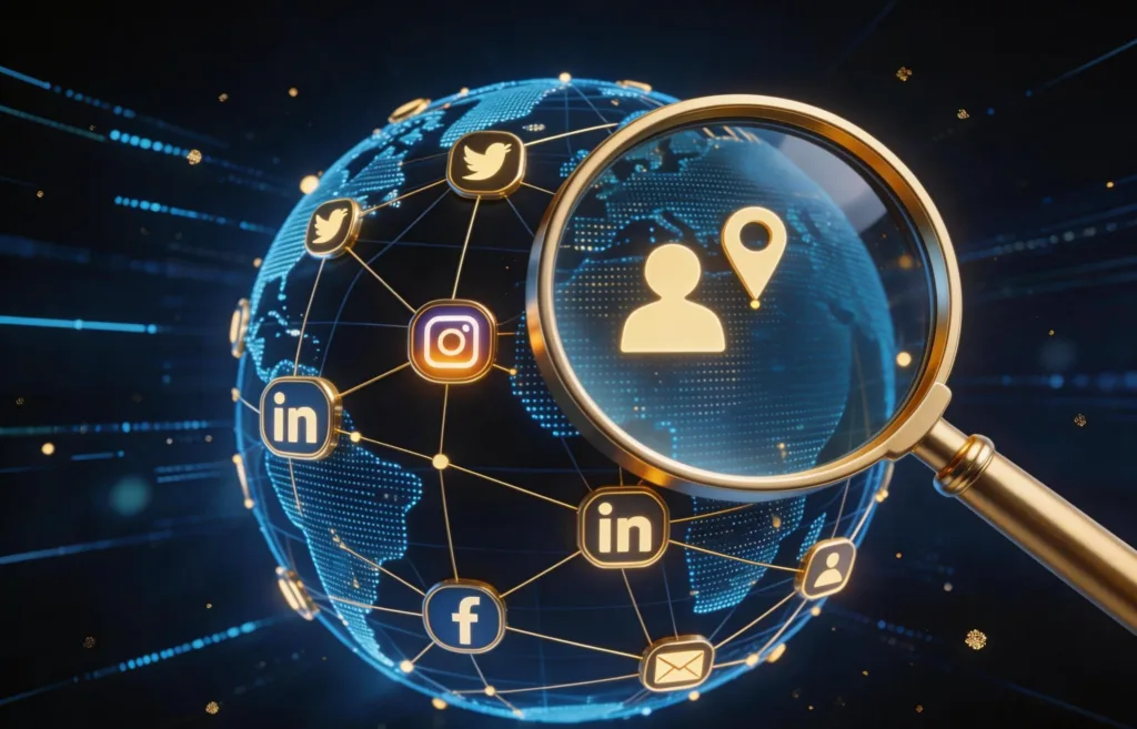 Magnifying glass over digital globe for OSINT investigations and exposure monitoring