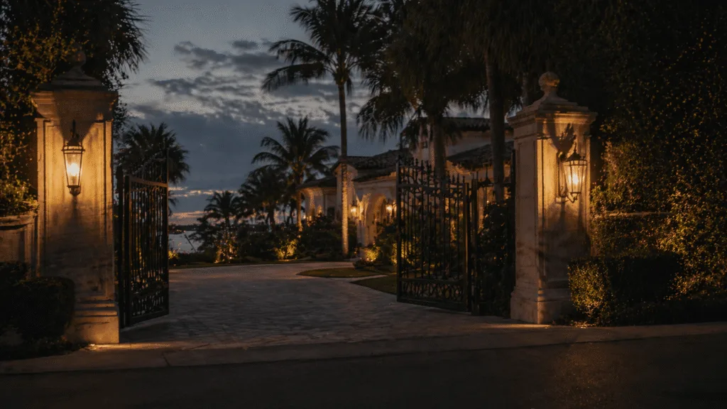 Gated Mediterranean estate entrance at dusk for residential security in Miami, FL