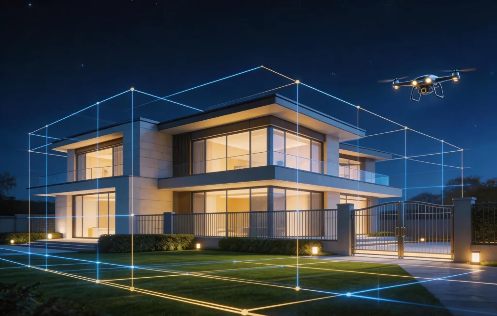 Modern estate at night with drone and security perimeter monitoring overlay