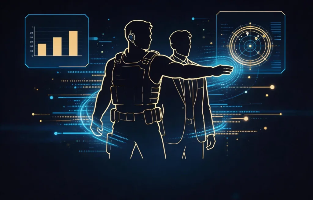 Executive protection agent silhouette with digital intelligence dashboards