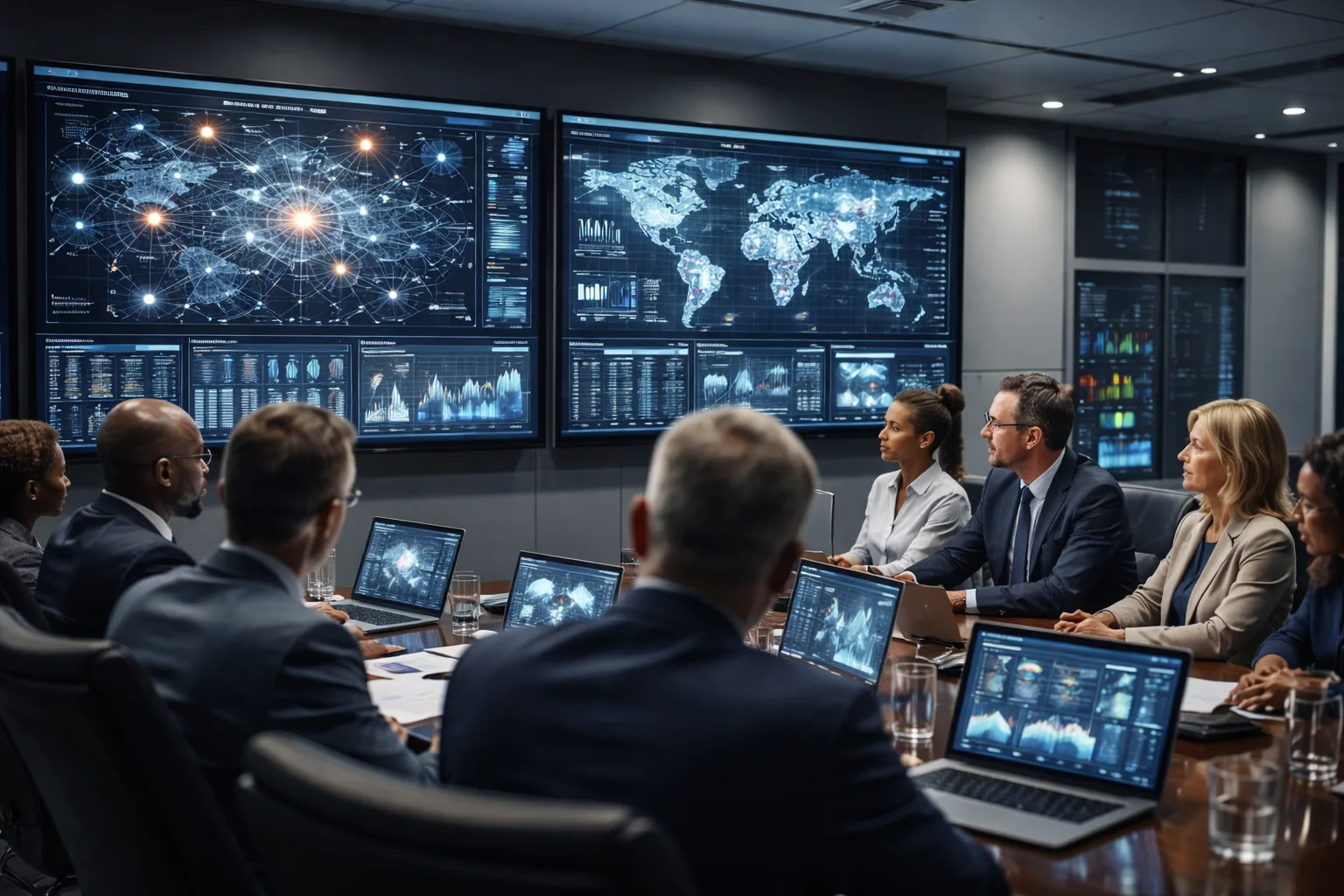 Executive team in a modern conference room analyzing interconnected data dashboards and global metrics across multiple large screens, highlighting collaboration and enterprise-level decision-making.
