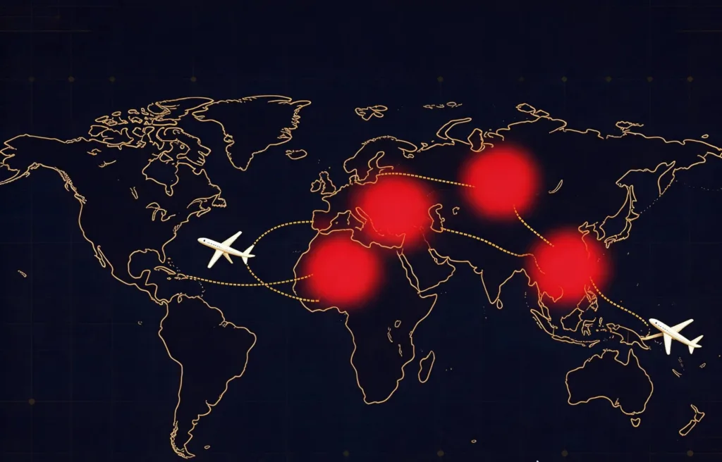 World map with flight paths and risk hotspots, illustrating geopolitical travel risk assessments