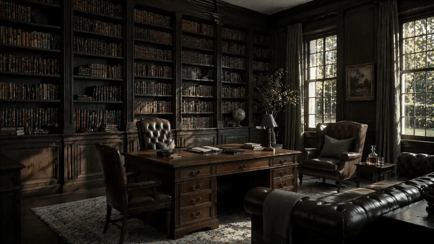 Wood-paneled executive office with leather chairs for corporate security planning