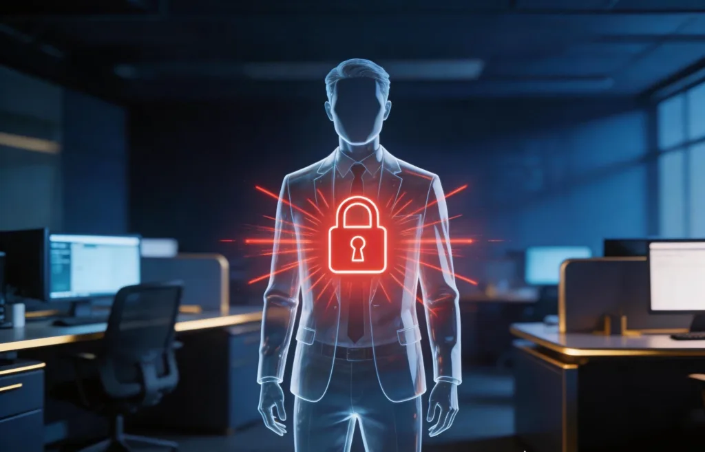 Office worker silhouette with lock icon, illustrating insider threat and personnel risk assessments