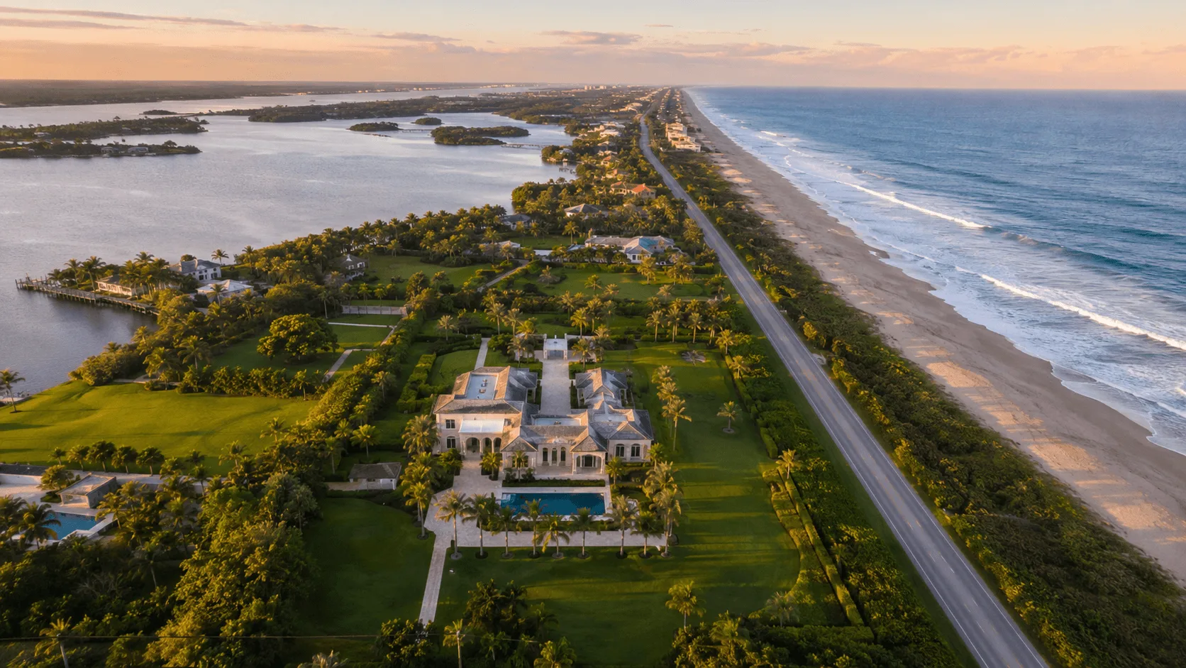 Luxury Manalapan ocean-to-lake estate aerial view beside A1A at golden hour