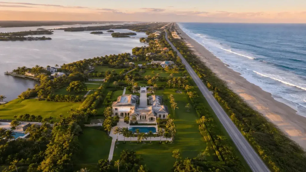 Luxury Manalapan ocean-to-lake estate aerial view beside A1A at golden hour