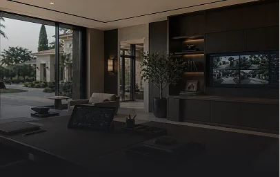 Luxury home interior with integrated security monitoring system and open access design