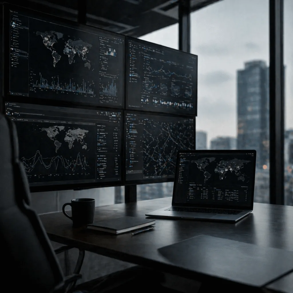 Modern office with analytical screens