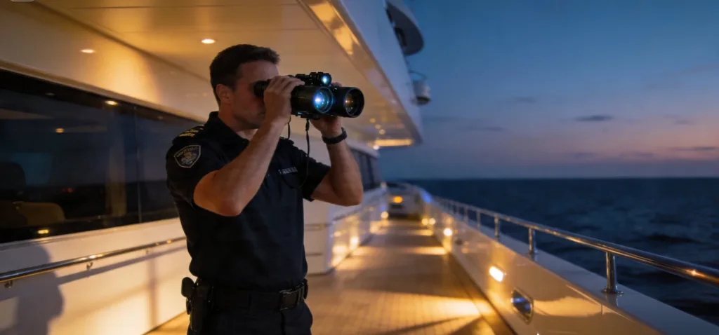 VIP yacht security specialist scanning horizon at dusk