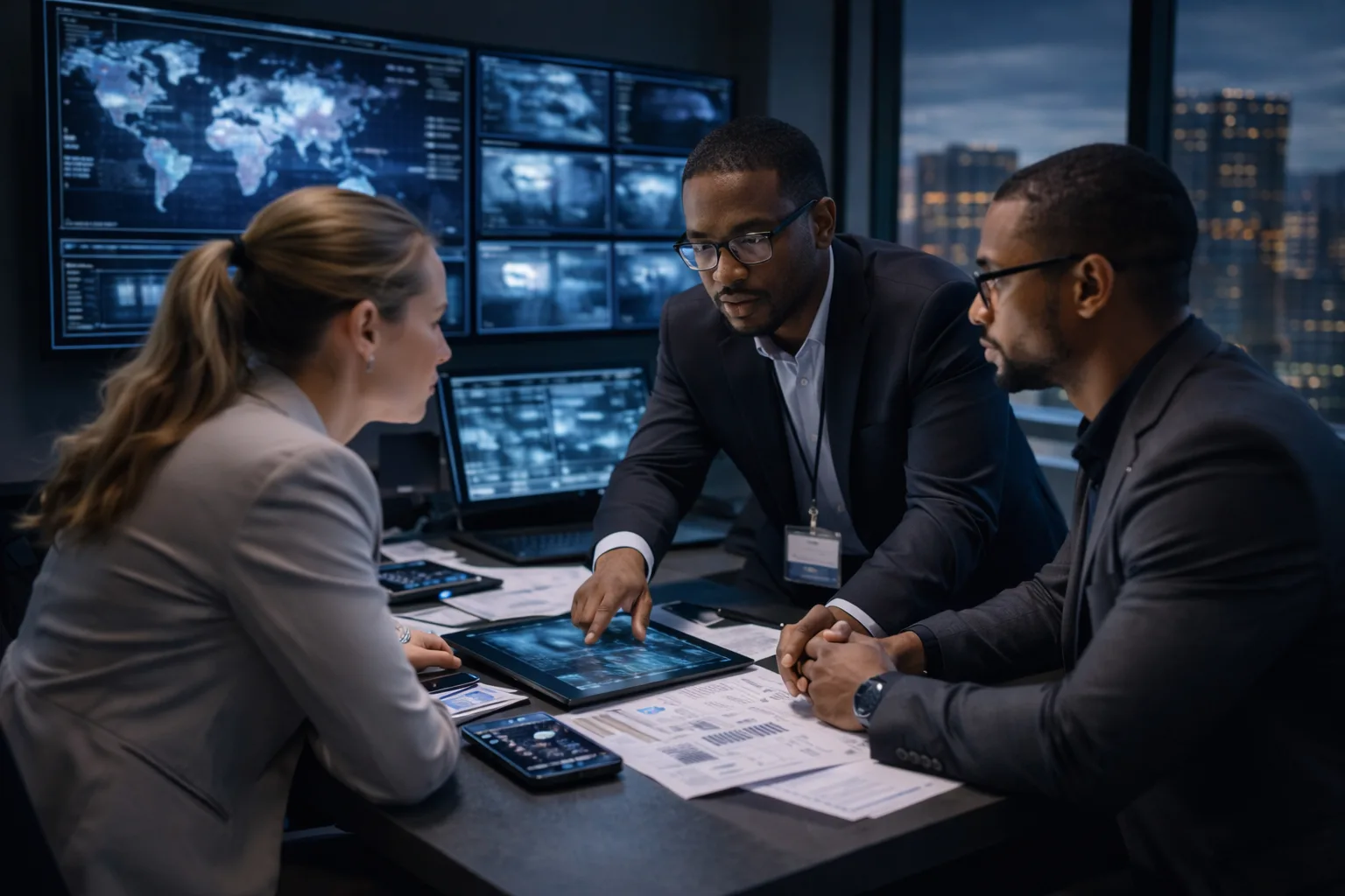 Private security team reviewing digital threat data in a modern corporate building, symbolizing adaptive private security responding to evolving risks.