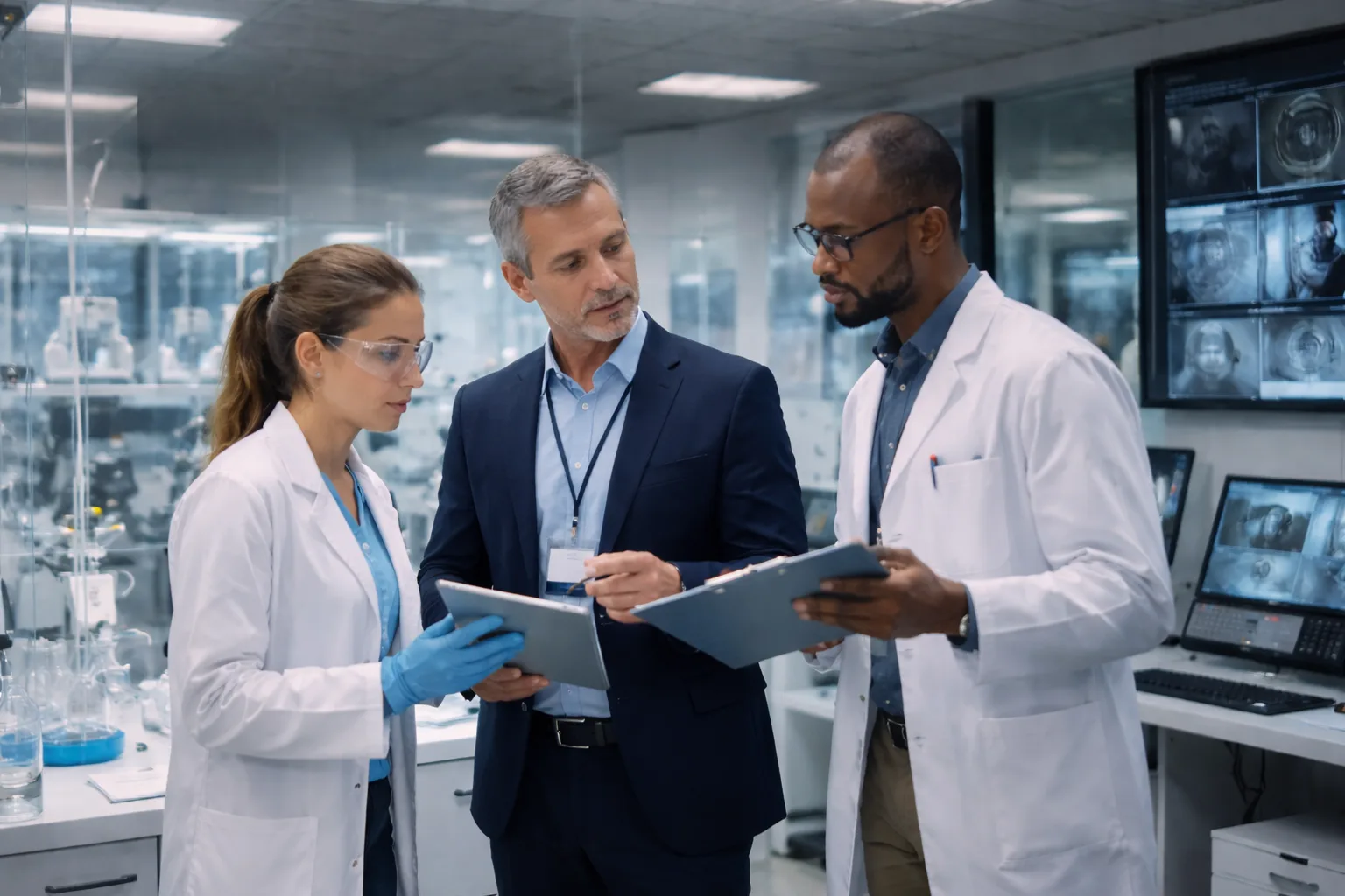 Three professionals—two executives and a security advisor—review documents in a modern office conference room, discussing risk and security strategy in a biotech setting.