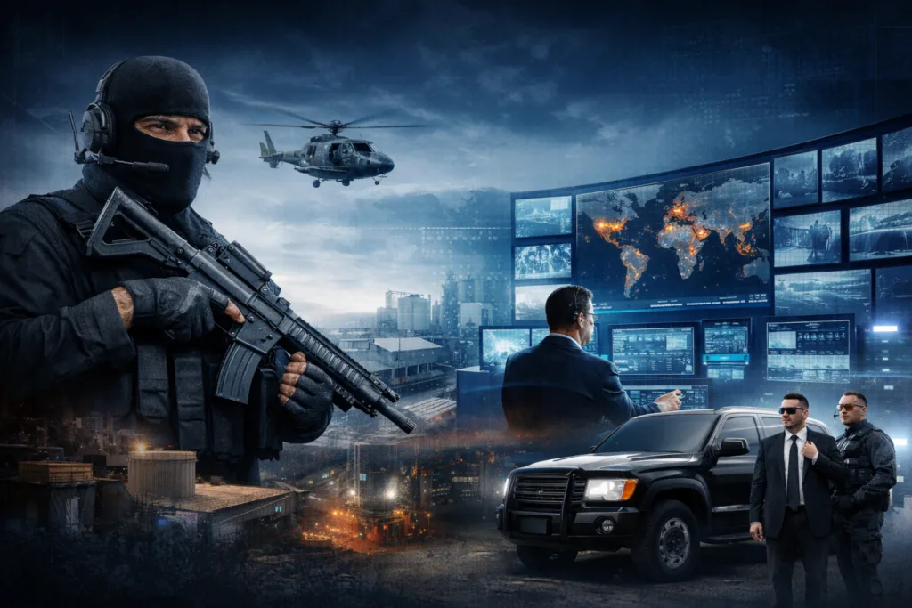 Professional security team reviewing facility blueprints and surveillance feeds inside a modern operations center, natural lighting, candid corporate environment.