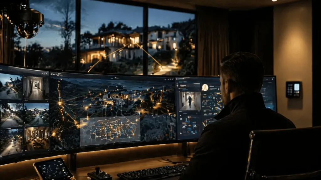 High-tech security operations center for 24/7 CCTV and estate monitoring