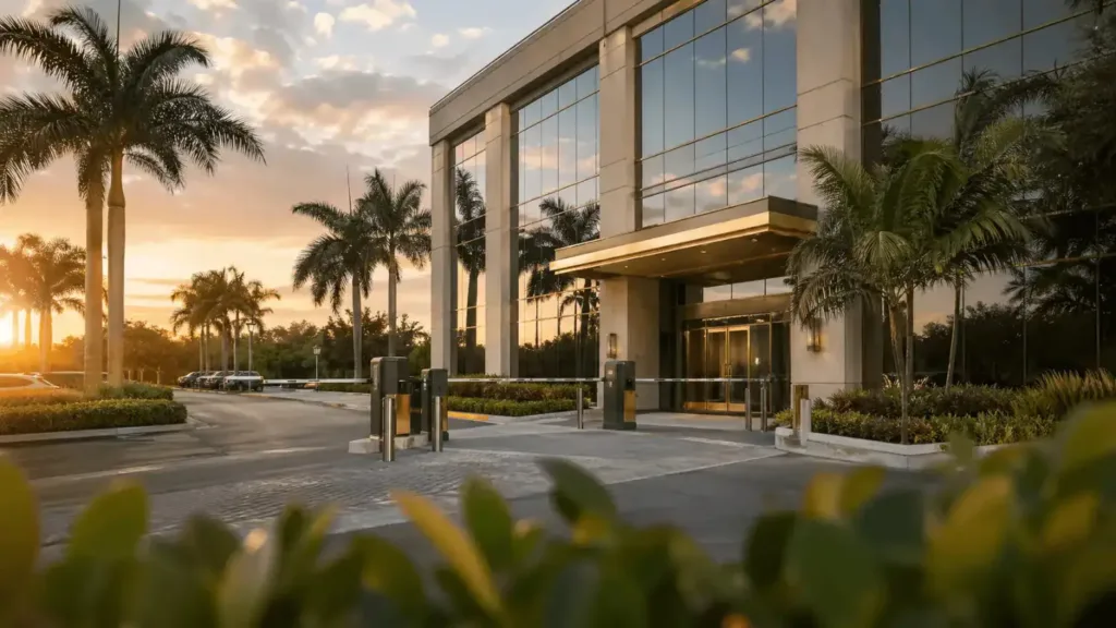 Modern office building entrance in Jupiter, FL for corporate security services
