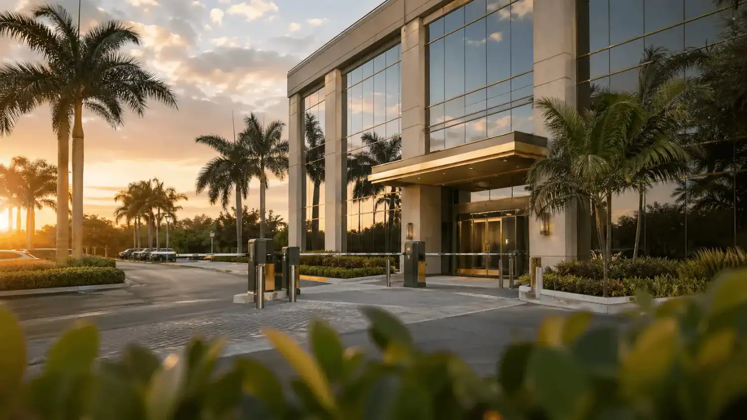Modern office building entrance in Jupiter, FL for corporate security services