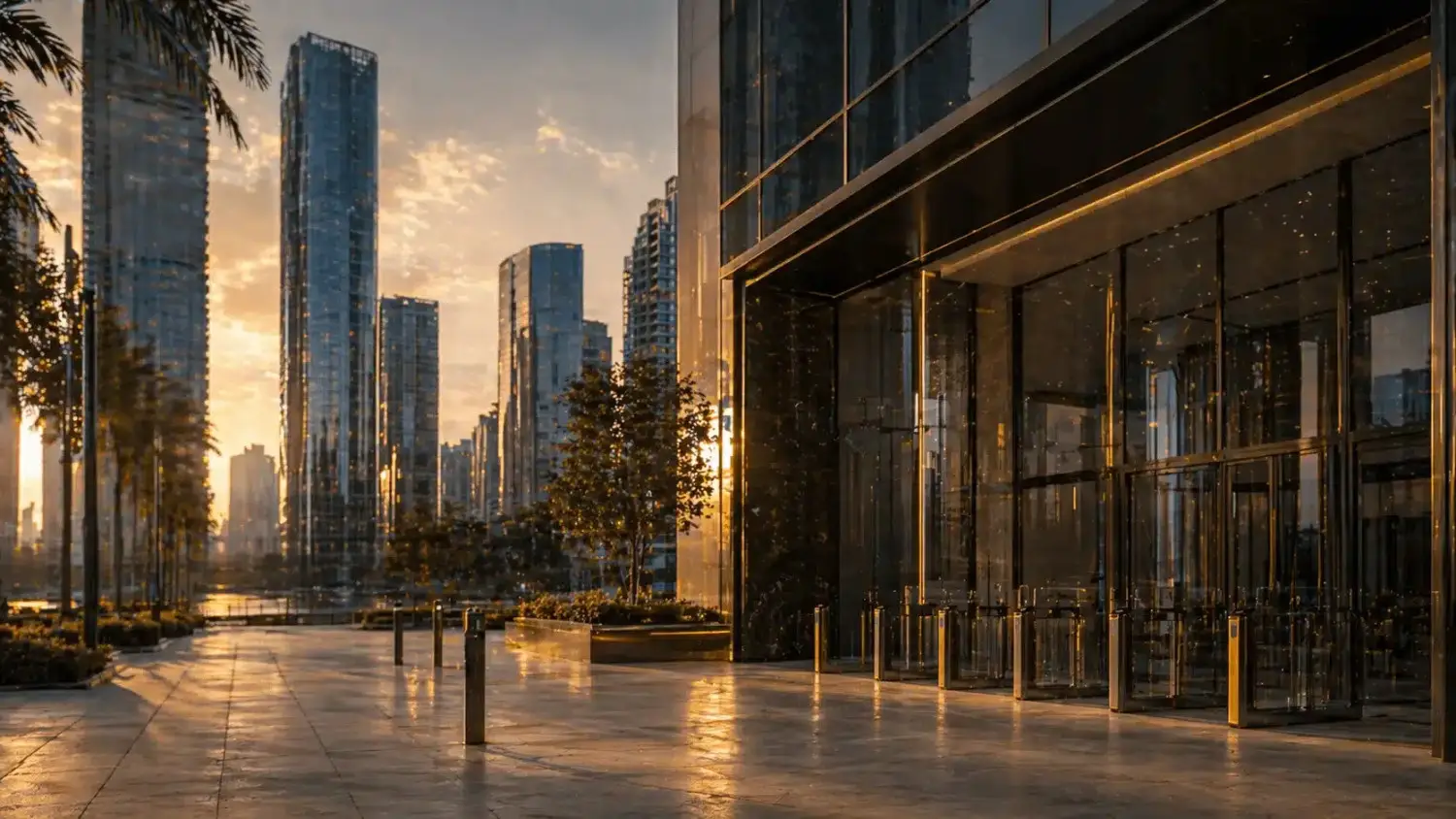 Corporate building entrance at sunset, supported by professional security services in Miami, FL