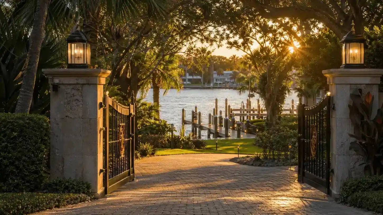 Gated waterfront estate entrance at sunset in Jupiter, FL for estate security services
